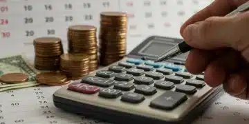 Calculator showing financial calculations with coins and calendar for 2025 COLA