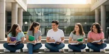 Diverse college students studying together on a modern campus, representing educational opportunity.