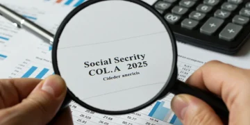 Financial document showing 2025 Social Security COLA projections with a magnifying glass.