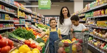 Family happily shopping for groceries with SNAP benefits