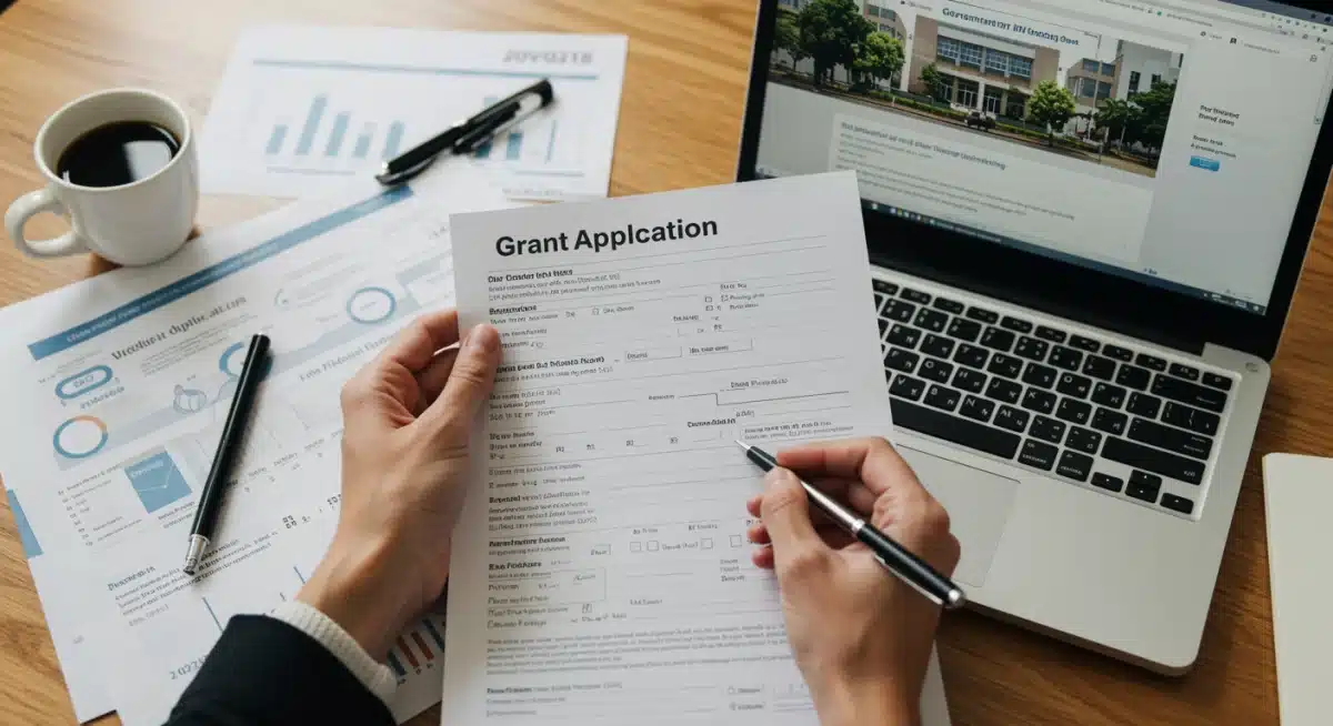 Hands filling out a federal grant application form with pen and documents