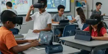 Students engaging with various educational technologies in a futuristic K-12 classroom.