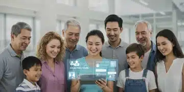 Diverse group of people accessing healthcare information on a tablet, symbolizing Medicaid expansion benefits