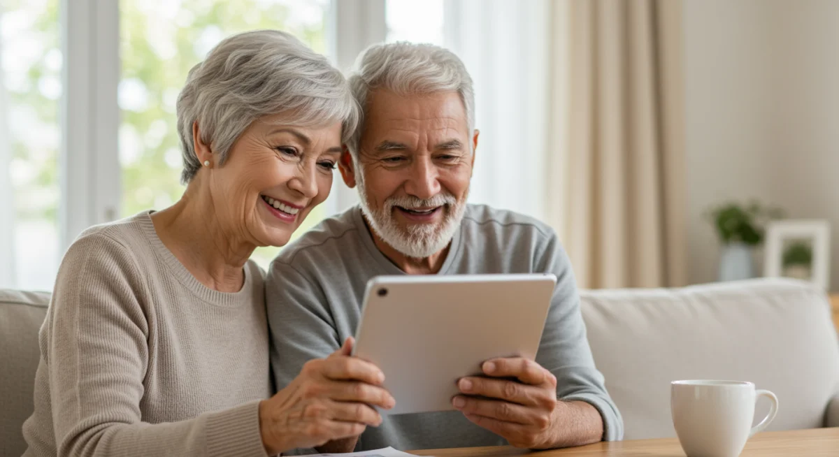Happy senior couple reviewing retirement finances on a tablet at home.