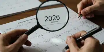 Calendar page 2026 with magnifying glass and hands planning retirement