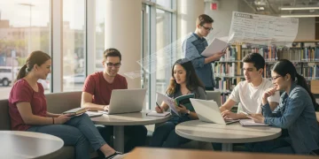 College students reviewing financial aid documents and laptops in a university library.