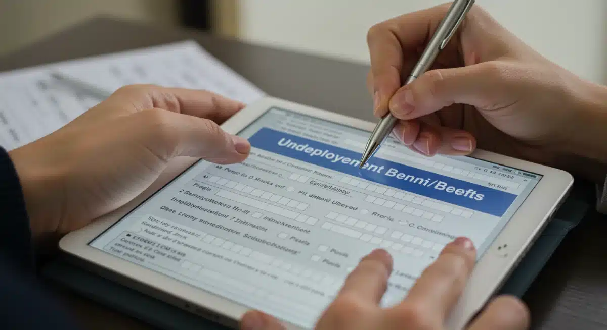 Hand filling out a digital unemployment benefits application on a tablet, focusing on eligibility criteria.