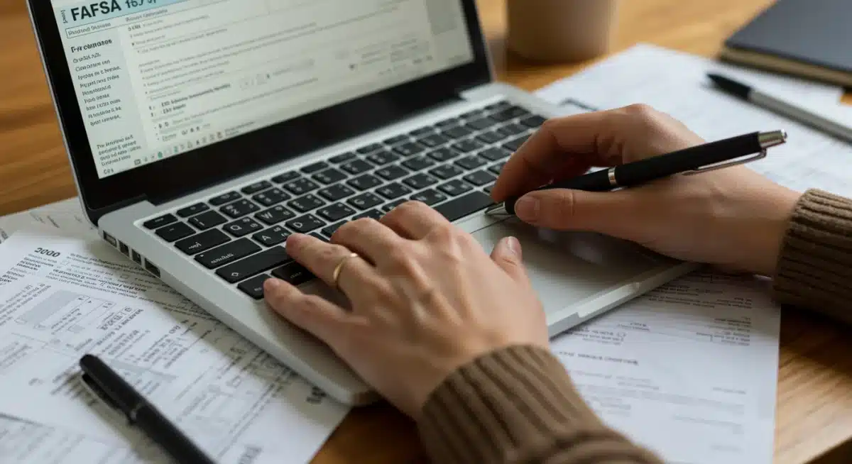 Person filling out FAFSA form on laptop with financial documents
