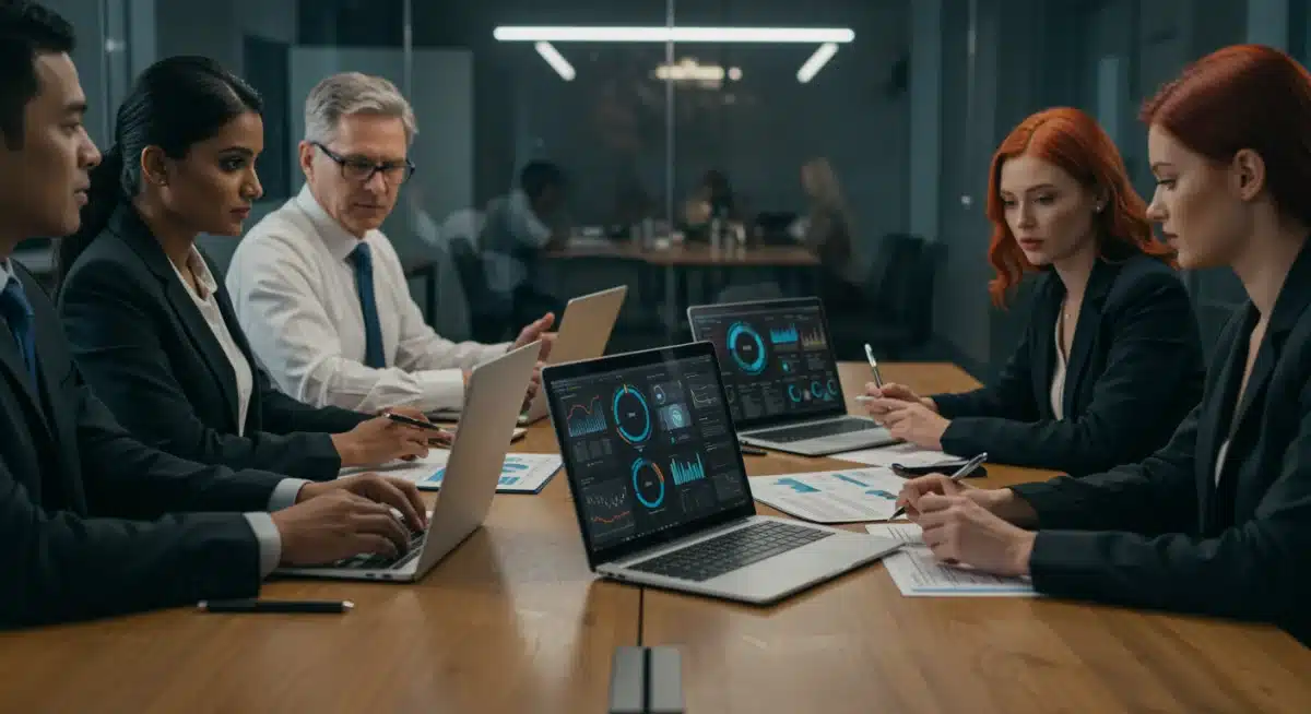 Professionals discussing cybersecurity strategies and compliance in a modern office setting.