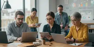 2026 Unemployment Benefits: A Guide for Recent Job Seekers Job seekers actively using laptops in a modern co-working space, symbolizing the search for unemployment benefits in 2026.