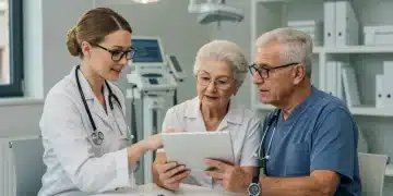 Senior couple discussing 2025 Medicare changes with a healthcare advisor in a modern clinic.