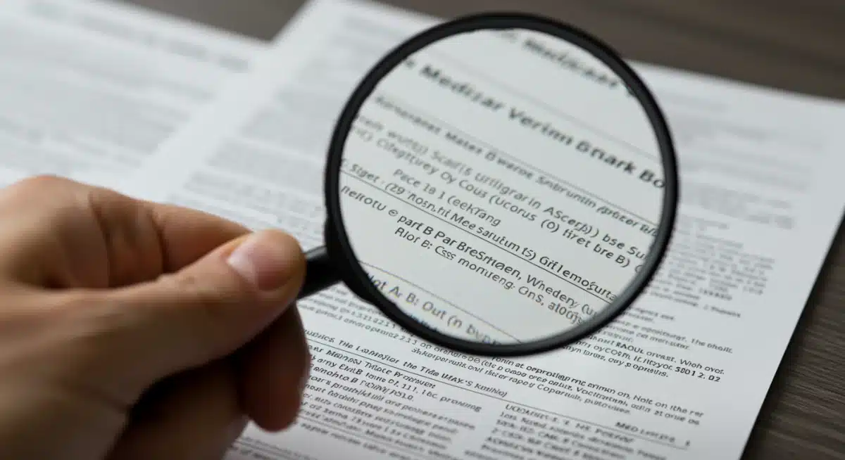 Magnifying glass over Medicare document showing Part B premiums and coverage details.