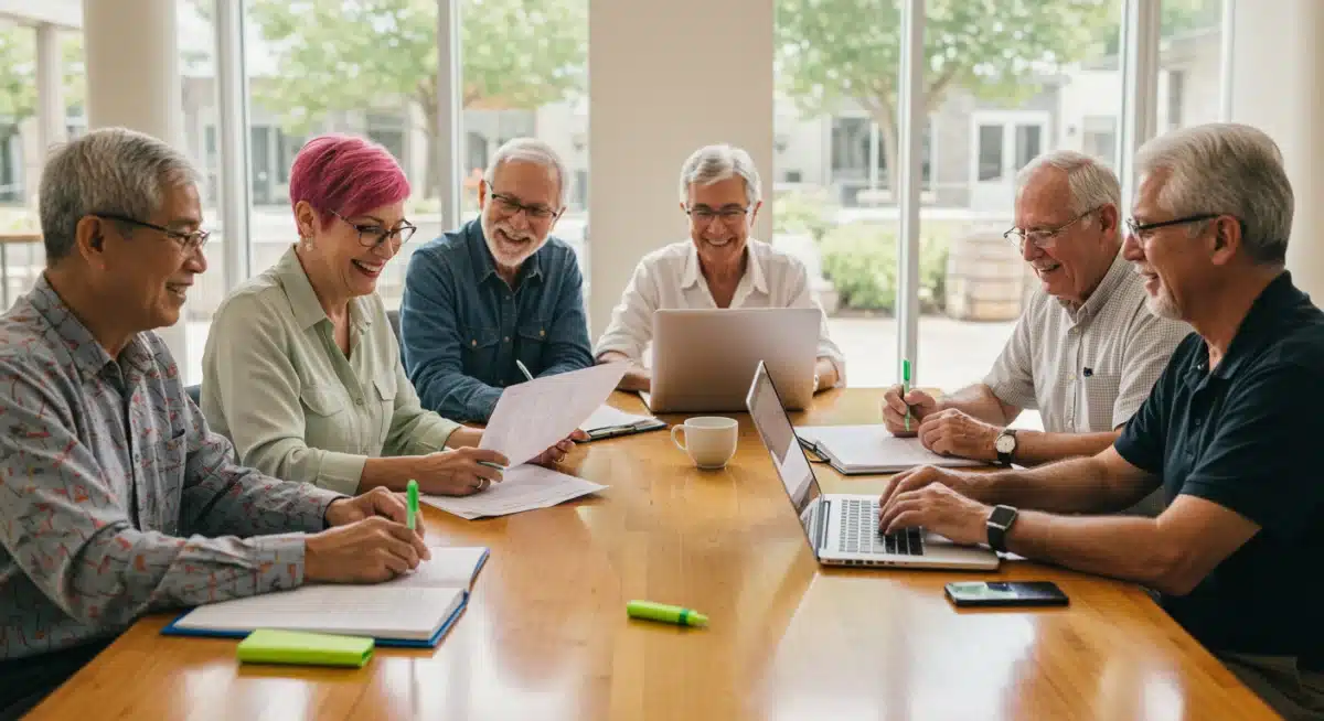 Diverse group of retirees discussing financial planning documents