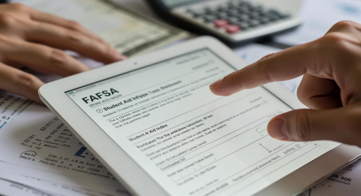 Hand pointing to Student Aid Index section on a FAFSA form on a tablet.