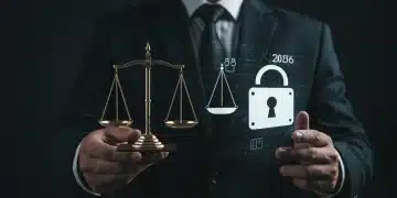 Scales of justice balancing a digital lock icon, representing digital privacy laws in 2026 after Supreme Court rulings.
