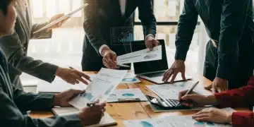 Business team analyzing tax reform documents in a modern office setting