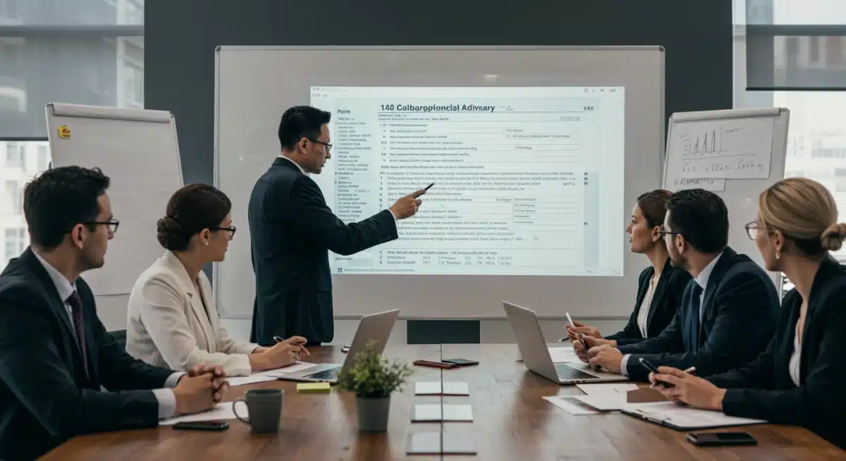 Team discussing tax strategies and financial adjustments in a collaborative professional setting.