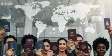 Diverse people with passports looking at a world map, representing 2026 immigration visa changes.
