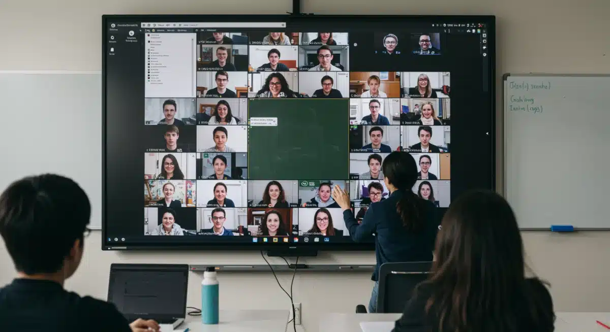 Interactive virtual classroom with engaged students and teacher