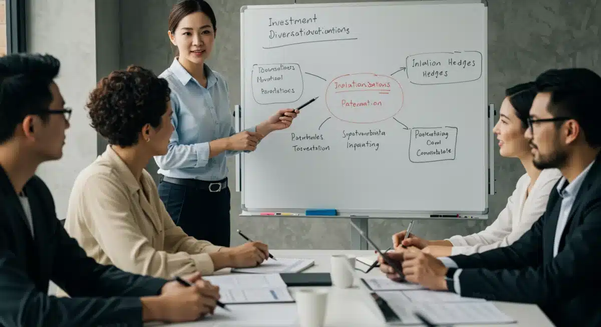 Financial advisor explaining investment diversification to a group to combat inflation.