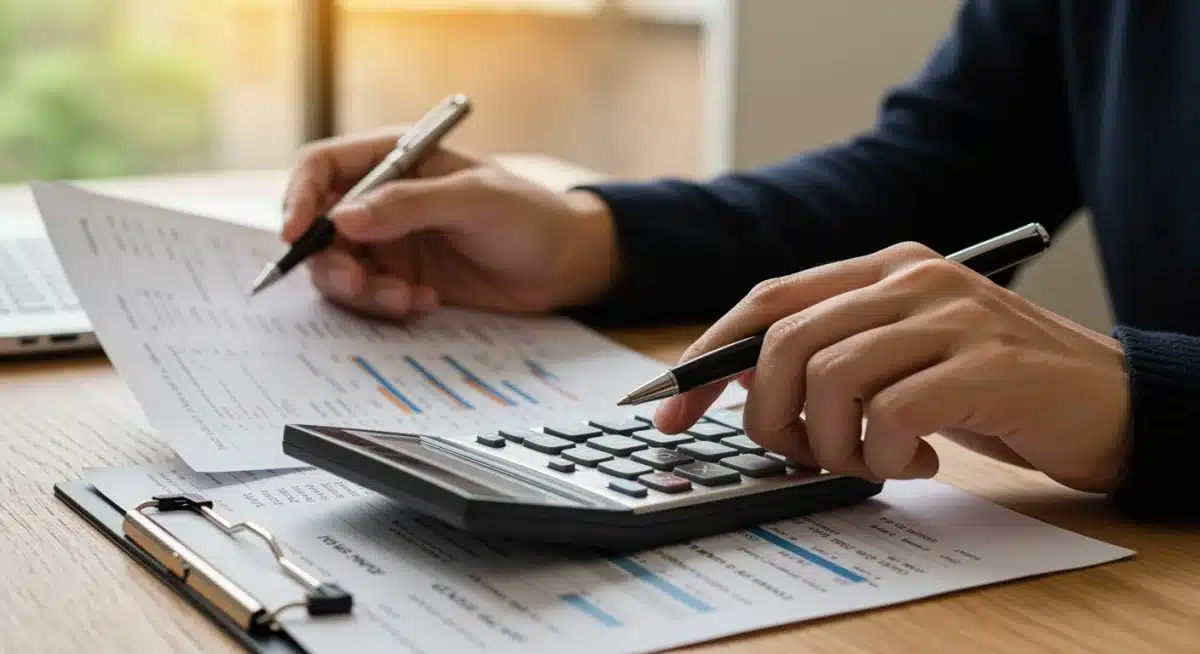 Hands using calculator to review financial statements, symbolizing personal finance planning.