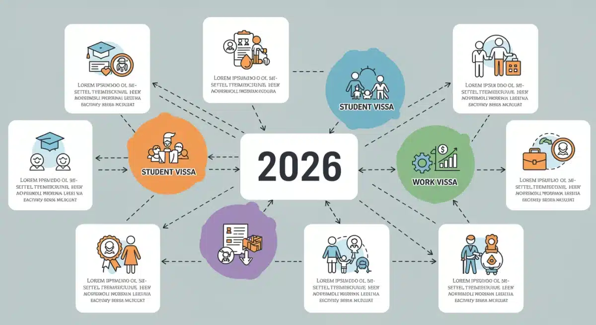 Infographic showing seven affected visa categories with distinct icons and '2026' central.