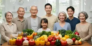 Diverse group benefiting from SNAP, surrounded by groceries and modern policy graphics.