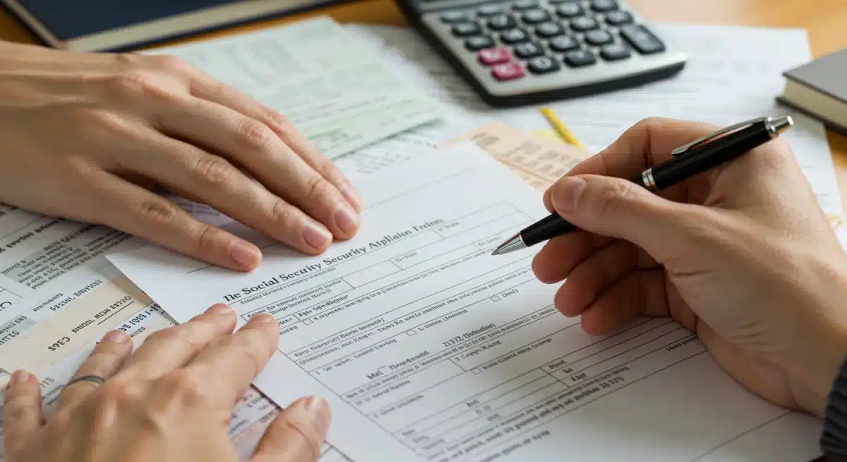 Hands filling out Social Security forms with financial documents and a calculator