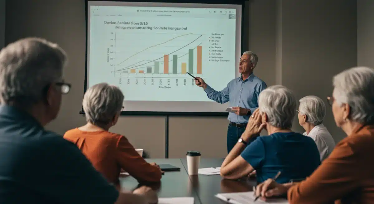 Retirees attending a seminar on Social Security claiming strategies and financial graphs