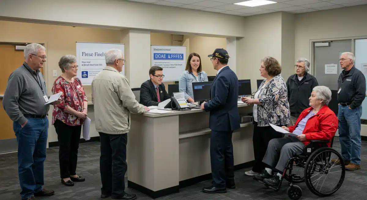 Diverse individuals engaging with benefit advisors at a government office, discussing 2026 federal benefits.