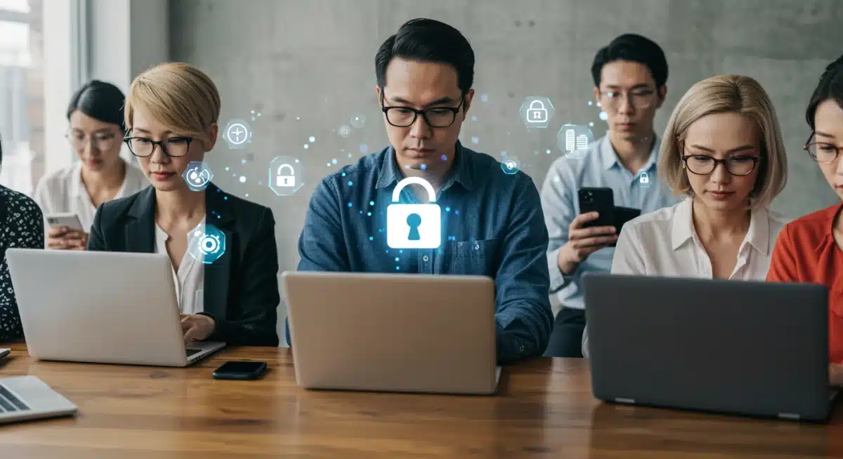 Diverse US citizens using digital devices, empowered by new data privacy rights and cybersecurity laws.