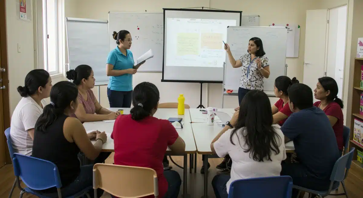 Parents and caregivers engaging in a community workshop about early childhood development and policy implications.