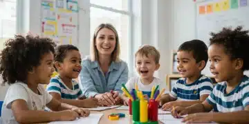 Diverse children learning happily in a bright preschool classroom with a teacher, symbolizing future early childhood education policy changes.