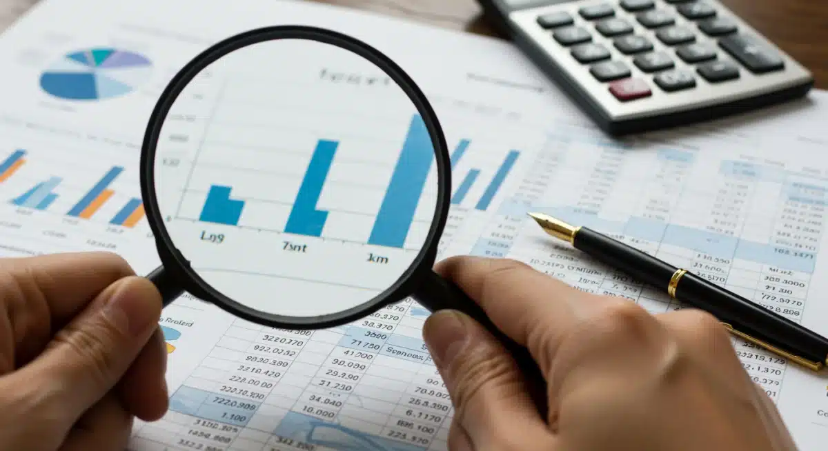 Hand with magnifying glass over budget spreadsheet, symbolizing expense tracking.