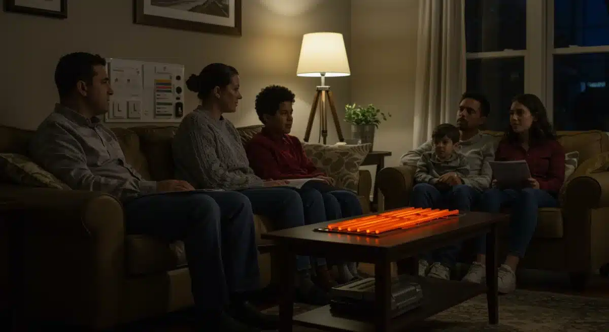Happy family in a warm living room, symbolizing comfort and security from energy assistance