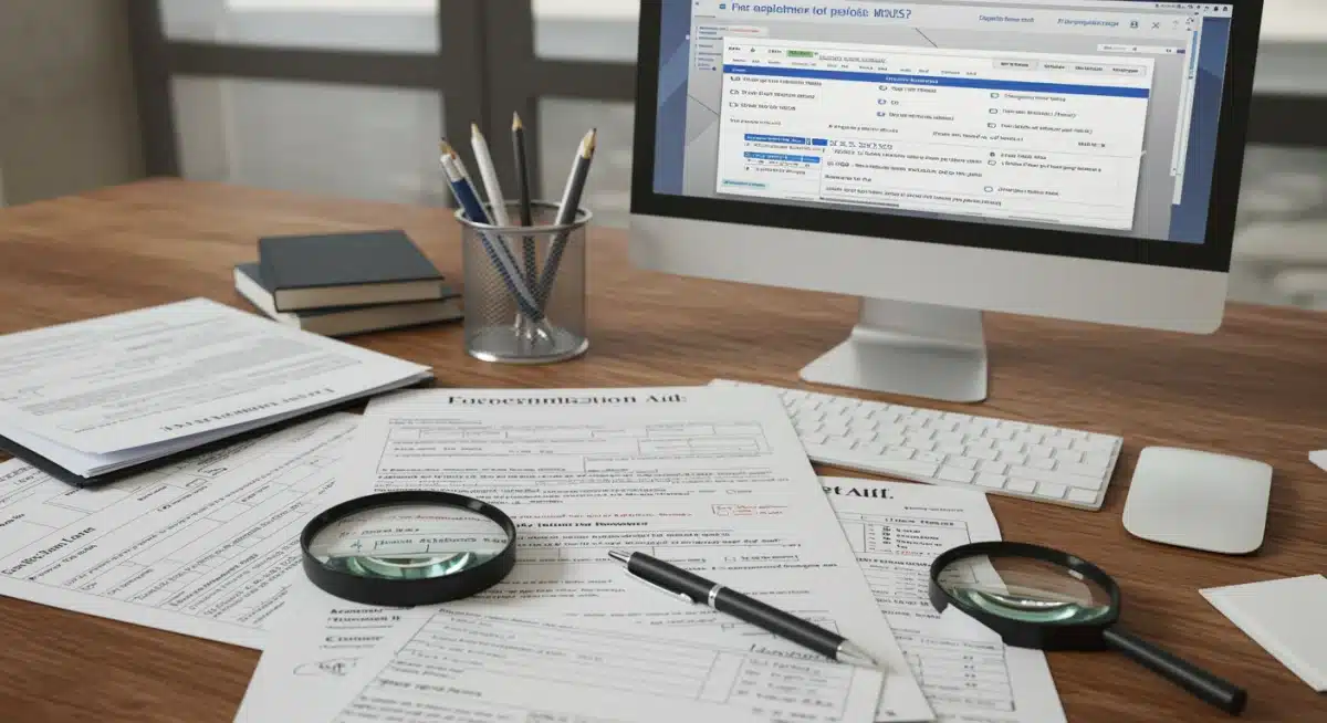 Application forms, pen, magnifying glass, and computer screen for online financial aid application