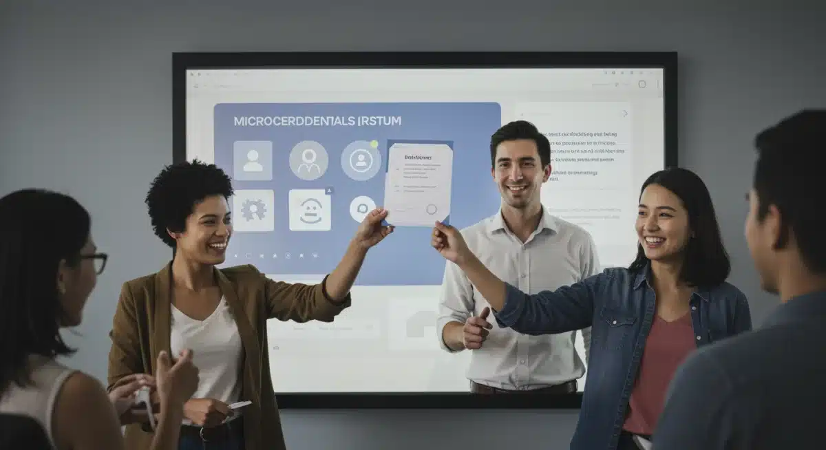Diverse group receiving digital micro-credentials for upskilling.