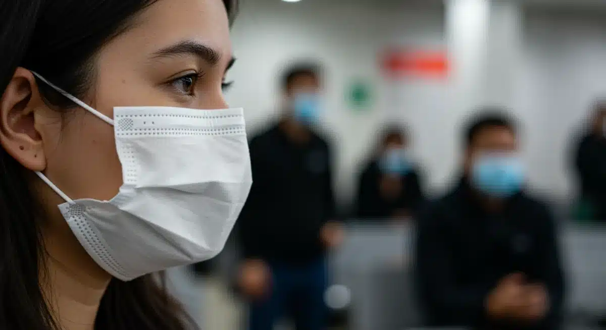 Person wearing an N95 mask for respiratory virus protection.
