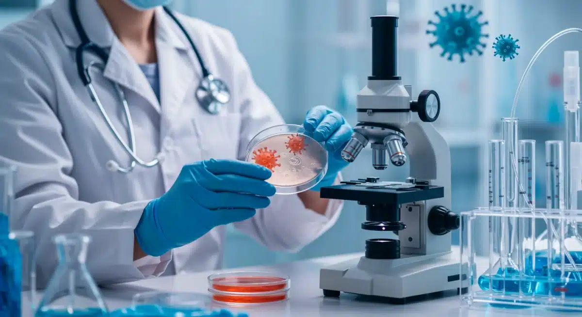 Scientist researching new respiratory virus strain in laboratory.