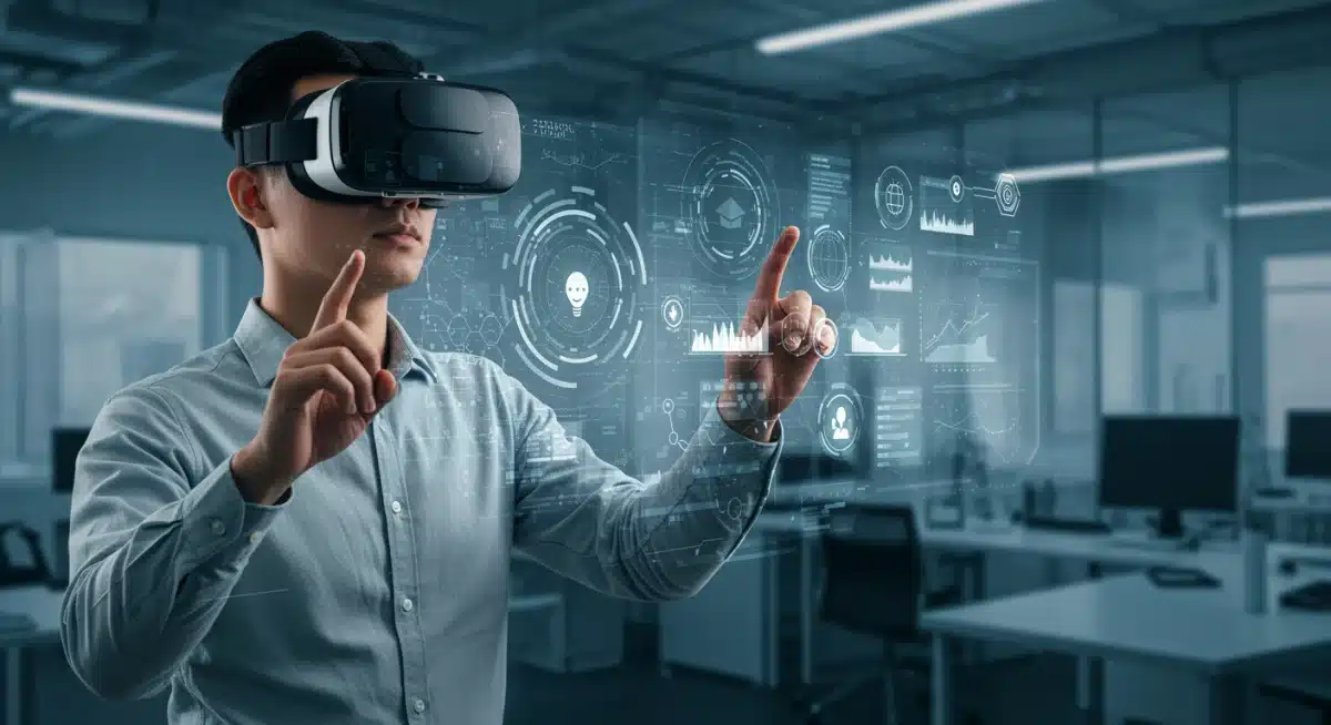 Professional using VR for immersive learning in adult education.