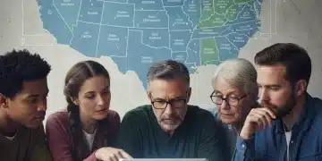 People reviewing 2026 unemployment benefit information on a tablet with a US map graphic.