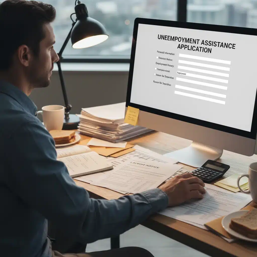 Person applying for unemployment benefits online, focusing on forms and documents.