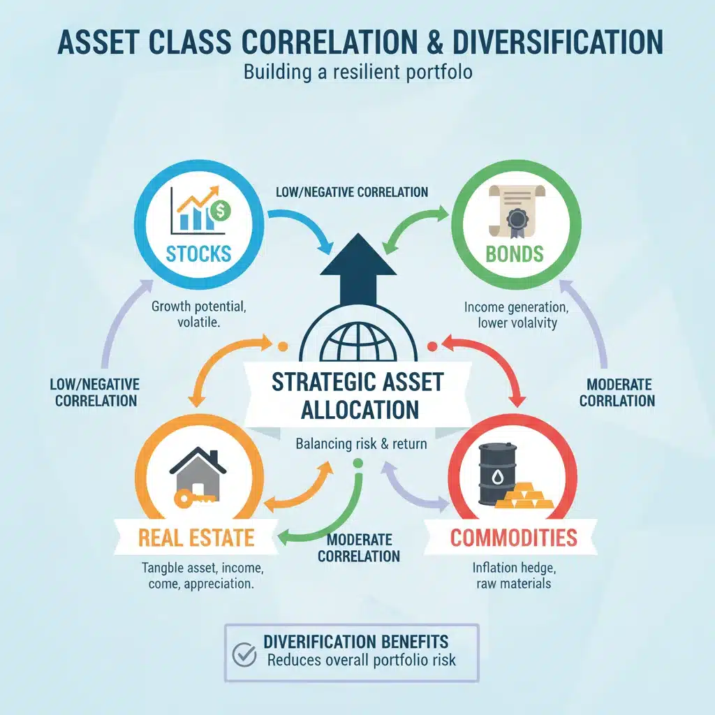 Infographic showing asset diversification benefits and strategic allocation for portfolio stability.