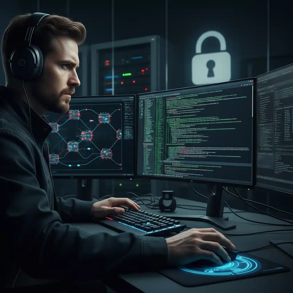 Cybersecurity analyst protecting digital infrastructure on multiple monitors.