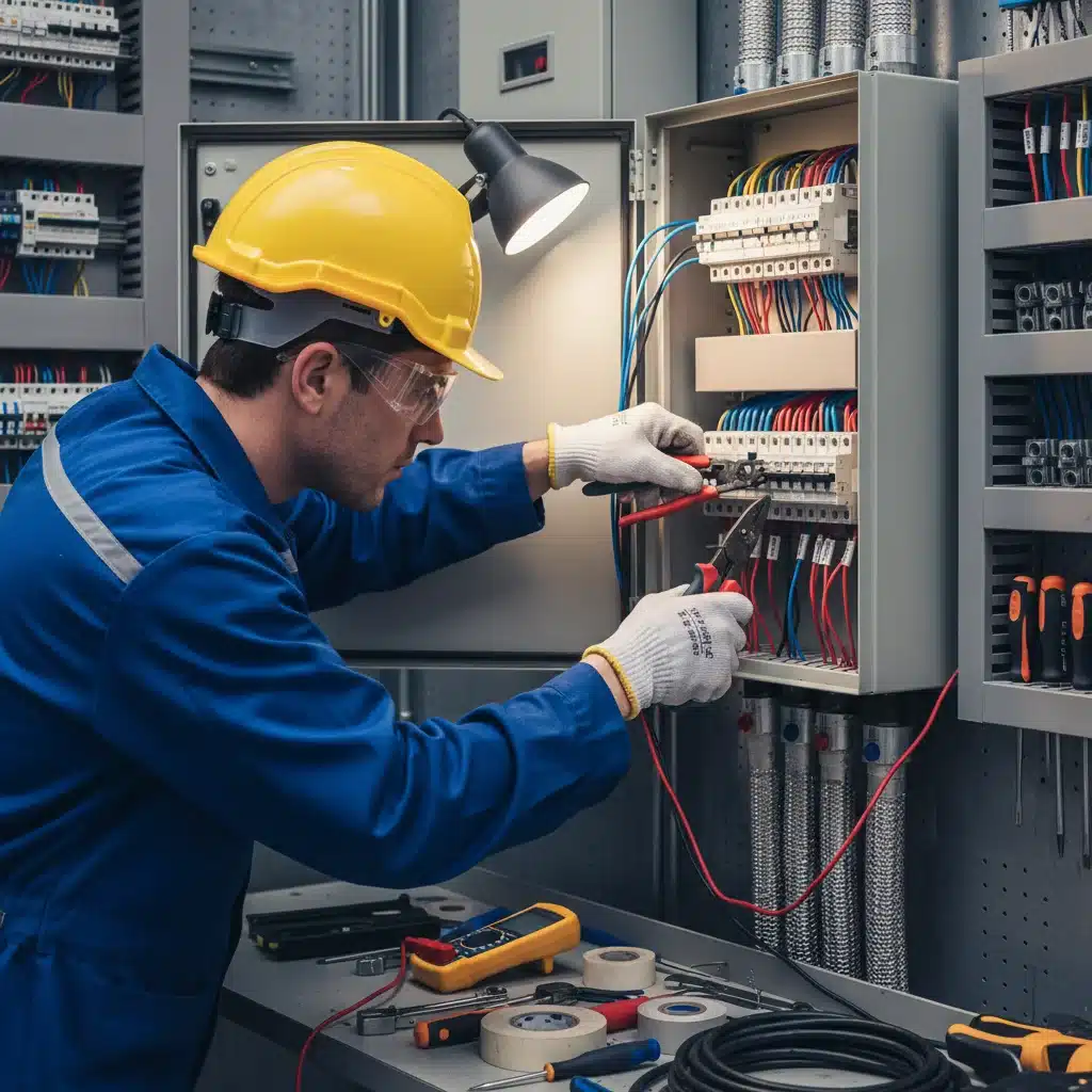 Electrician working on an electrical panel, ensuring safety and precision.