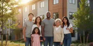 Family smiling in front of a new housing development, representing federal housing assistance success