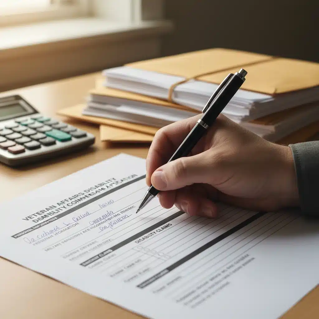 Hand filling out a VA benefits application form, with a calculator and documents nearby.