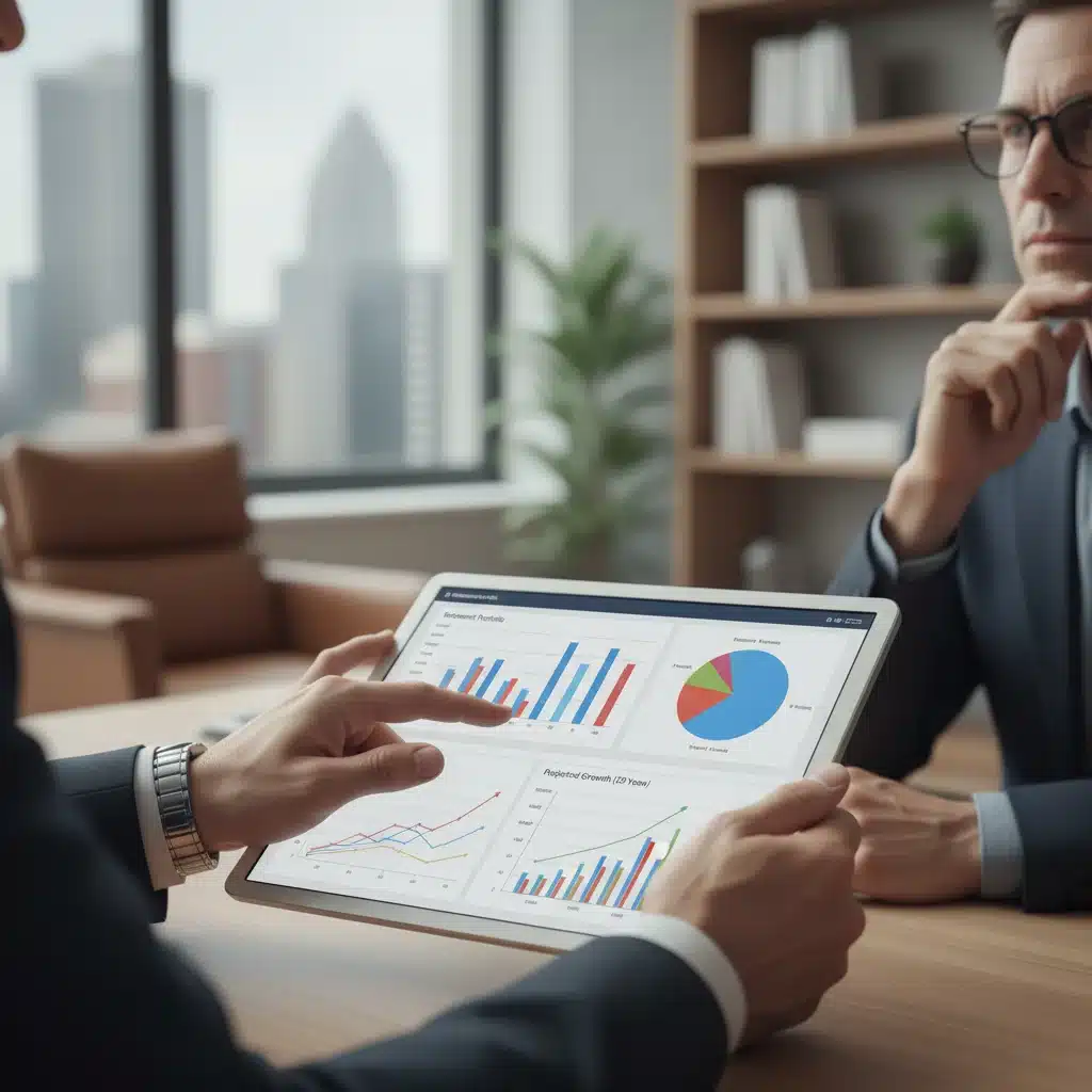 Financial advisor explaining investment portfolio on a tablet to a client.