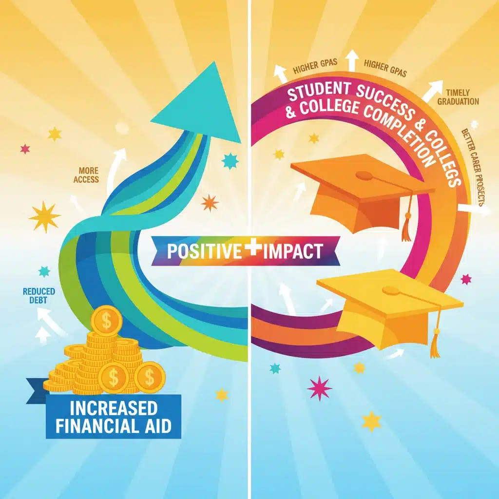 Infographic depicting rising student success rates and college graduations due to expanded financial aid.