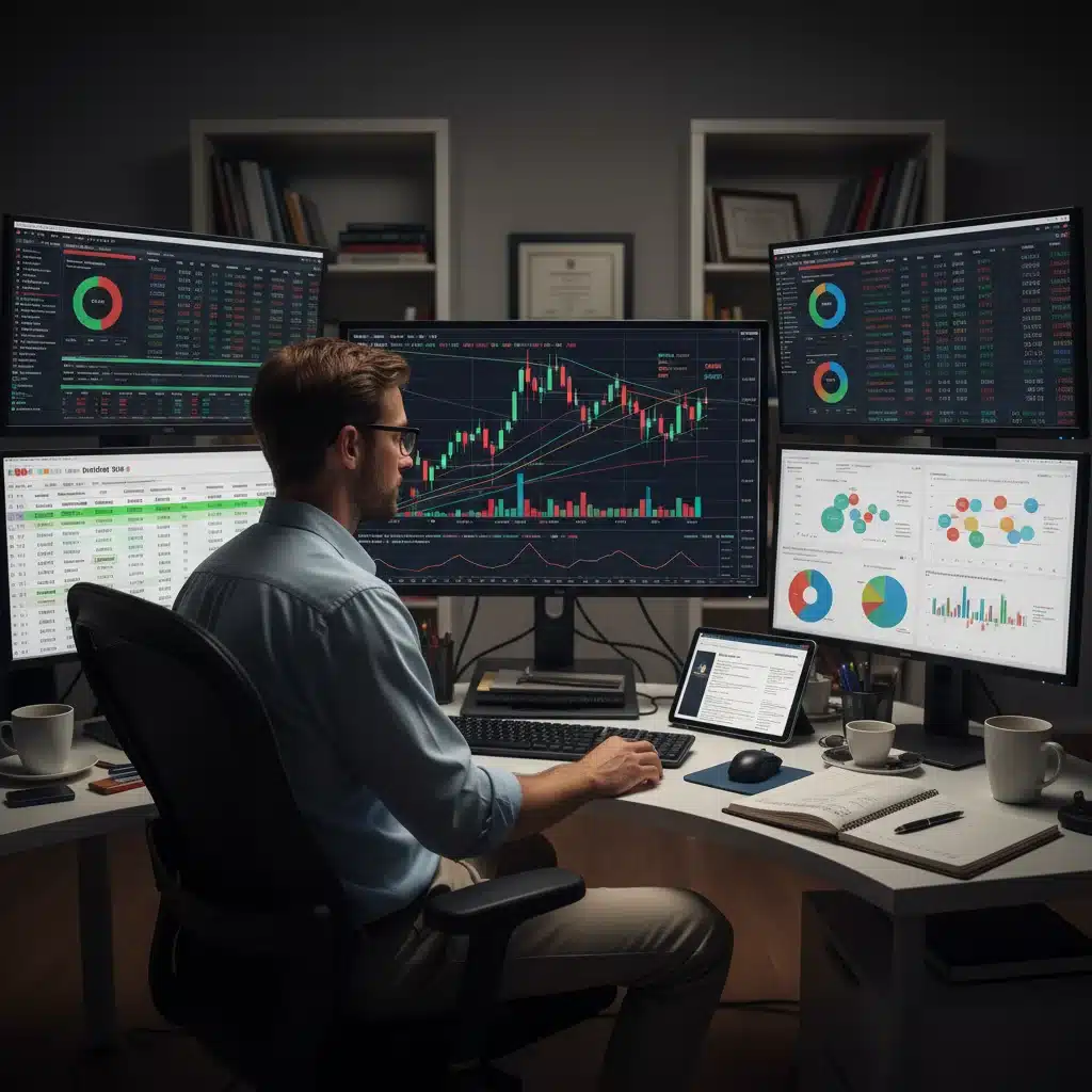 Investor conducting detailed financial analysis on multiple screens for dividend growth stocks.